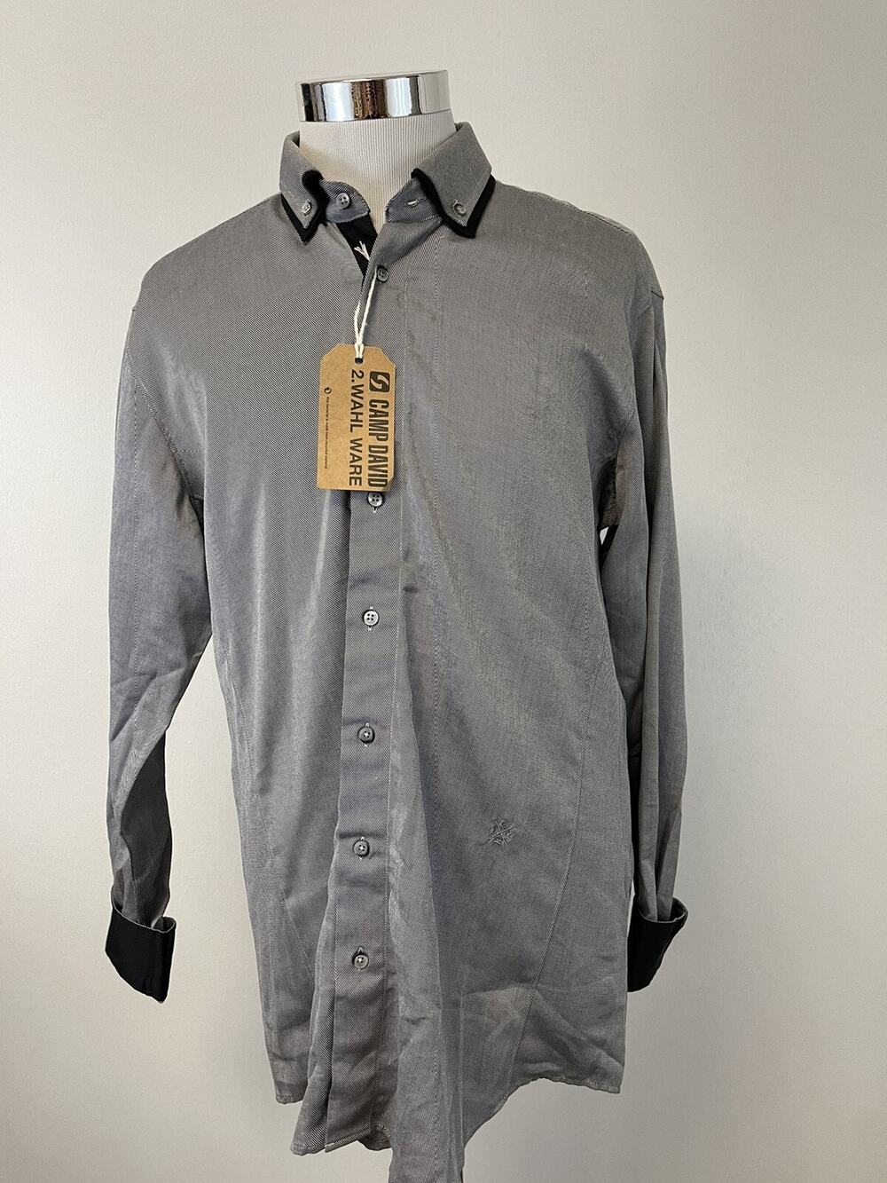 Camp David Shirt Mens Large Button Up Gray Solid Long Sleeve Cotton N183